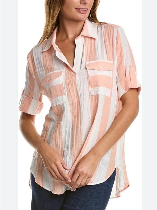 Vince Camuto Tops - Vince Camuto Peach and White Striped Button-Down Shirt